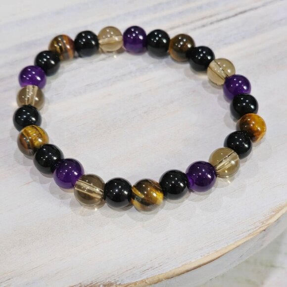Aura Shield ✦ Tigers Eye Amethyst Hematite Bracelet ✦ 8mm Crystal Bead Stretch - Picture 5 of 9